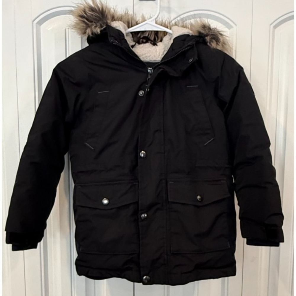 Lands End Boys Winter Parka M 5-6 Black Grow A Longs Sherpa Fleece Lined Hood